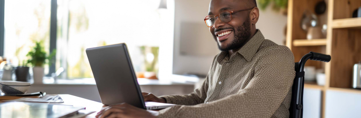 Smiling man sitting in wheelchair indoors using laptop