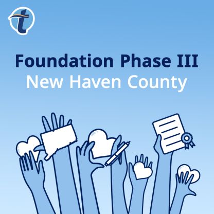 Text displaying "Foundation Phase 3: New Haven County" over a simple illustration of hands holding various items.