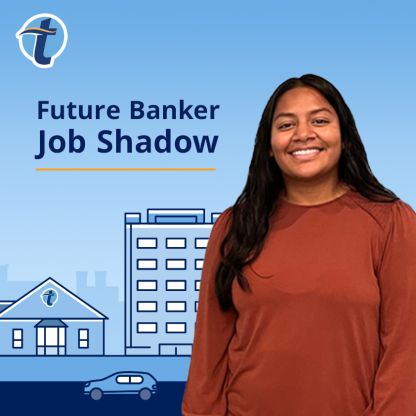 Headshot of Ariana Mohamed in front of a simple illustration of a cityscape and beside the text "Future Banker Job Shadow."