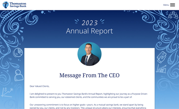 Screenshot of the Thomaston Savings Bank 2023 Annual Report website