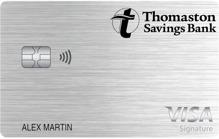 The front of a silver Thomaston Savings Bank business credit card