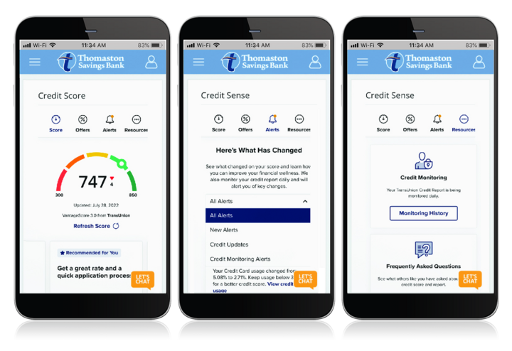 A mockup of the Thomaston Savings Bank Credit Sense screens showing on a cell phone