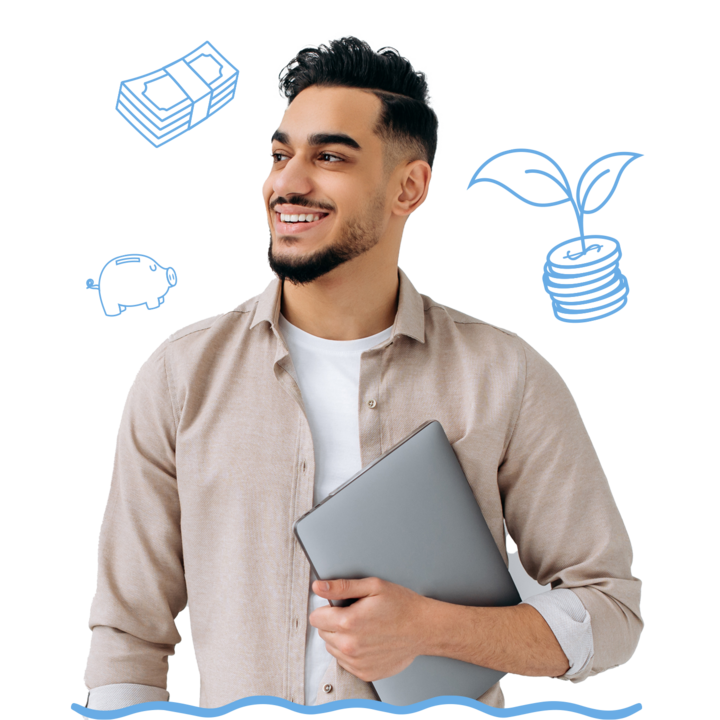 Smiling man in business casual attire holding laptop